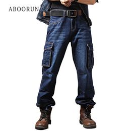 Men's Jeans ABOORUN Plus Size 40 Casual Cargo Denim Pants Multi Pockets Loose Skateboard For Male R1258