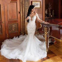 Sexy Mermaid Wedding Dresses Illusion Lace Appliqued Beads Long Sleeves vestido de noiva Slim Sheath Formal Bridal Gowns Plus Size