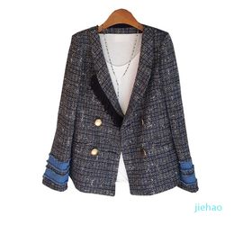 Fashion- 2020 Autumn Patchwork Plaid Vintage Blazer Women Jacket Notched Collar Slim Tassel Tweed Suit Outerwear
