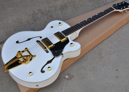 Factory Custom Semi-hollow White Electric Guitar with Gold Hardwares,Tremolo System,Black Pickguard,Can be Customised