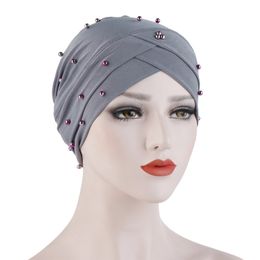 2020 Fashion Cross Headscarf Hat Solid beading Inner Hijab Bonnet Handmade Linen Muslim Turban Cap Islam Arab Wrap Head Hats