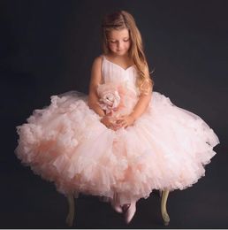 Pink Girls Pageant Dresses Tulle Ball Gown Tiered Ruffle Skirt Puffy Flower Girl Dresses Big Flower Birthday Party First Communion Dresses