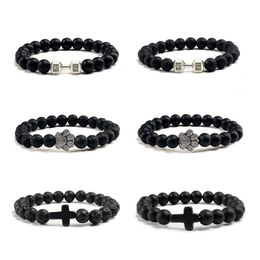 Black Natural Volcanic Stone Men Bracelet Dumbbell Cat Claw Fitness Casual Bangle Jewelry Cross Religious Meditation Bracelets