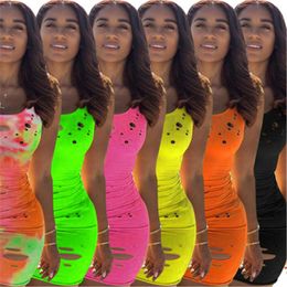Womens Sexy Tie Dye Dresses Fashion Hollow Out Night Party Club Short Skirts Designer Female Round Neck Casual Sleeveless Ripped Vest