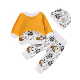 Kids Clothes Fashion Infant Baby Boy Girl Clothes Set Cartoon Print Sweatshirt Pants Hat 3pcs Outfits Autumn Winter Newborn Baby Clothing