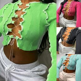 Patchwork Lace Up Long Sleeve Crop Tops Women Ribbed Sexy Party Knitwear T-shirt Hollow Out Bodycon Club Tie Front Top