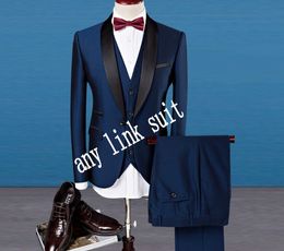 Popular One Button Blue Groom Tuxedos Shawl Lapel Groomsmen Mens Suits Wedding/Prom/Dinner Blazer (Jacket+Pants+Vest+Tie) K530