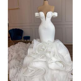 Off The Shoulder Mermaid Wedding Dress Court Ruffles Train Wedding Gown vestidos de novia Beaded Bridal Dresses Plus Size