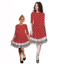 New Small Windmill Digital Printing Middle Sleeve Dress European And American Fashion Brand Mother And Daughter Dress
