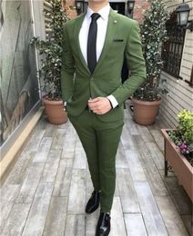 Fashionable Groomsmen Peak Lapel Groom Tuxedos Olive Green Men Suits Wedding/Prom/Dinner Best Man Blazer ( Jacket+Pants+Tie) K525