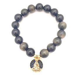 MG0711 10 mm Golden Obsidian Mens Buddha Charm Bracelet New Design Yoga Mala Wrist Bracelet Positive Energy Gift for Him
