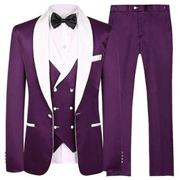 Fashion Purple Groom Tuxedos White Shawl Lapel Groomsman Wedding Tuxedos Men Prom Jacket Blazer 3 Piece Suit(Jacket+Pants+Tie+Vest) 33