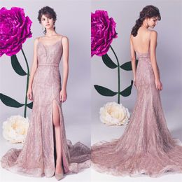 Sexy High-split Evening Dresses Sheath Pink Blush Glitter Beads Sequins Lace Sleeveless Backless Prom Dress Formal Party Guest Wears