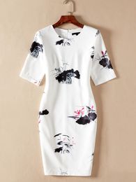 Lotus Print Women Sheath Dress Round Neck Short Sleeve Dresses