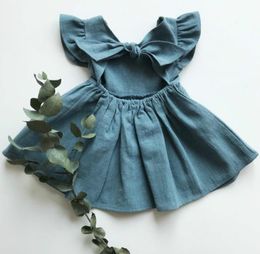 Baby Girl Dresses Cotton Linen Toddler Princess Dress Flying Sleeve Children Dresses Back Bow Kids Dress Summer Baby Clothing 4 Colours D5665