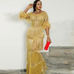 New Aso Ebi Gold Yellow Mermaid Evening Dress Black Girl Nigerian Women Half Sleeve Prom Gowns Bling Sequin Formal Dress with Tassel