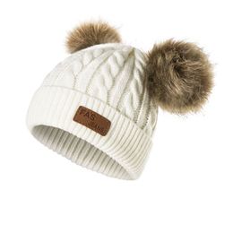 Fashion Kids Twisted Knit Solid Colors Beanie With Double Pom-pom Balls Lovely Bear Or Mice Design Cute Warm Children Hat