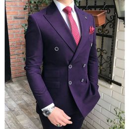 Double Breasted Men Suits Purple Groom Tuxedos Peak Lapel Groomsmen Wedding/Prom Best Man 2 Pieces ( Jacket + Pants +Tie ) L572