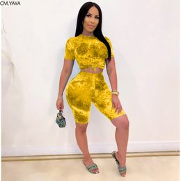 CM.YAYA women summer tie dye print two piece set sporting o-neck tee tops knee length jogger pants suit tracksuit 3 Colour outfit Y0506