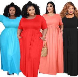 Plus size 3X 4XL 5XL Summer Women bigger size one-piece dress short sleeve black maxi dress solid Colour casual dress long skirt 3701