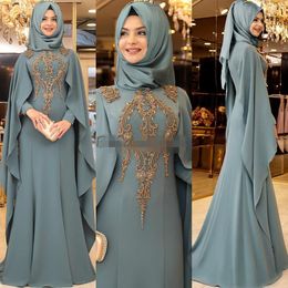 Dubai Muslim Evening Dresses With Cape Long Sleeves Gold Lace Applique Beaded Sweep Train Custom Made Formal Prom Party Gowns