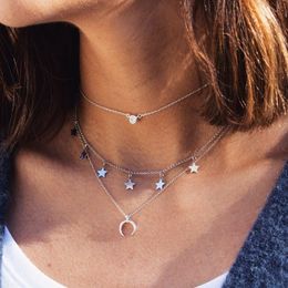 Fashion Multilayer Crystal Choker Necklace Women Bohemian Silver Colour Moon Star Crescent Horn Pendant Necklace Jewellery New