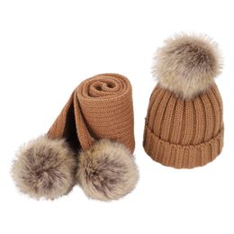 2pcs Children Knitted Beanie Hat Scarf Set Infant Baby Fake Ball Pom Pom Cap Q0KE