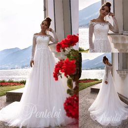 bateau long sleeves aline pentelei wedding dresses sequins lace appliqued bridal gown custom made sweep train vestidos de novia