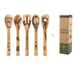 Laser Carving Spoon Spatula Set Halloween Character Non-stick Bamboo Spoon Spatula Cooking Utensil Halloween Christmas Gifts