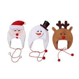 Christmas Hat Long Rope Santa Caps Cartoon Warm Earmuffs Hats Party Costume Photography Props Xmas Kids Gifts Snowman Deer Santa 100pcs 5758