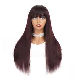 Natural Human Hair Non Lace Wig 1B 99J Coloured Malaysian Remy Straight Glueless Wigs With Bangs For Black Women Cheap Burgundy Ombre Wig