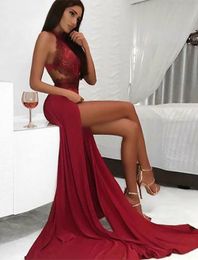 Burgundy Prom Dresses Mermaid Halter Neck Lace Party Maxys Long Prom Gown High Slit Sexy Evening Dresses Robe De Soiree
