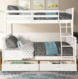 US STOCK Twin Over Full Bunk Bed Furniture with Ladders Two Storage Drawers White Bedroom Furniture For Kids Adult LP000065KAA