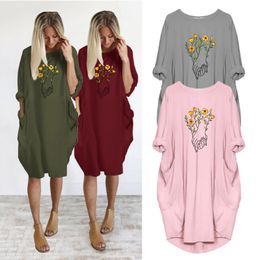 Abito da donna con stampa floreale a mano Autunno Inverno manica lunga sottile Plus Size Abiti longuette Donna Abiti vintage tascabili larghi