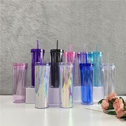 hot Colourful Plastic Skinny Tumblers 20OZ Double Wall Transparent Straw Cups Travel Coffee cup Vacuum Tumblers Mug T2I51335