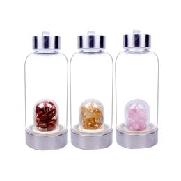 380ml Natural Gemstone Quartz Crystal Glass Water Bottle Gravel Irregular Stone Cup Healing Infused Elixir Cup for healthy