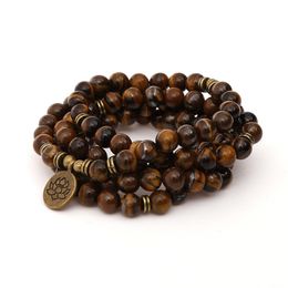 8mm Tiger Eye Stone Beads Strand Charm Chakra or Necklace Yoga Lotus OM Buddha 108 Mala Bracelet for Men Women