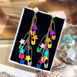 New Colourful Star Tassel Earrings Paper Clip Pin Spray Paint Pearl Long Eardrop Designer Earring Ear Studs For Women Jewellery Gifts