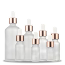 Cheap Price 10ml 15ml 30ml 50ml cosmetic frosted essential oil glass dropper bottles with Rose gold dropper cap SN3265