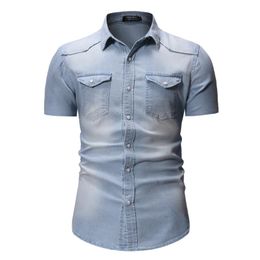 2020 Letni Denim Nowa Koszula Mężczyźni Bawełna Dżinsy Koszula Moda Slim Krótki Rękaw Kowboj Mężczyzna Armia Stylowe Topy Azjatycki Rozmiar 3XL