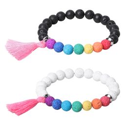 8mm colorful perfume volcanic lava stone bead strands bracelet Essential Oil Diffuser Bracelets stainless steel beads Tassel fashion jewelry