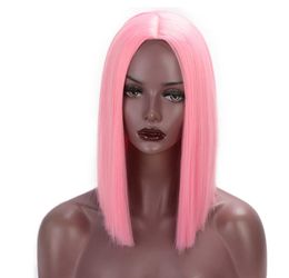 I's a wig Pink Wig Synthetic Short Straight Hair Middle Part Shoulder Length Bob Wigs for Women Colourful Fashion Cosplay Hair