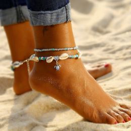 Vintage Handmade Beaded Ankle Bracelet Foot Jewellery Women Multilayer Shell Turtle Anklets Boho Femme Foot Chain Beach Anklet