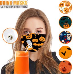 Adult halloween face mask Protect Cotton Face Mask Drinking Mask with Hole for Straw Washable Dustproof Drink Outdoor mouth masks
