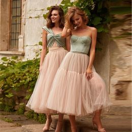 Stylish A Line Country Bridesmaid Dresses Sweetheart Neck Wedding Guest Dress Tea Length Tulle Pleated Maid Of Honor Gowns 407