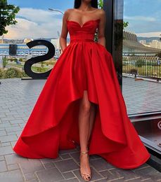 New Customise Simple Red Sweetheart Evening Party Gown Satin High Low Prom Dress with Pockets Plus Size Prom Dresses