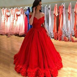 Red Prom Dress Off Shoulder Evening Gown Ruched Shoulder Sleeves Party Dres Petals Hem Formal Dress Vestidos Puffy