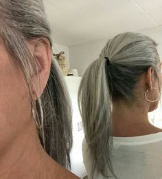 Gergeous Sleek silver grey ponytail two tone melted natural highlight salt and pepper human hair Grey pony tail hair piece