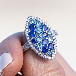 Fancy Blue Sky Blue White Zircon Marquise Design Rings for Women Romantic Engagement Ring Party Trendy Jewelry Fine Gifts