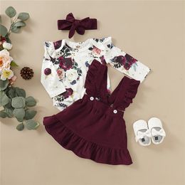 Cute Kids Clothes Spring Autumn Infant Baby Girl Clothes Floral Romper Strap Skirt Dress Headband 3PCS Outfits Toddler Clothing Sets